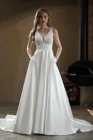 Timeless Satin V-neck Chapel Train Wedding Dress