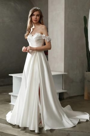 Satin Off-the-shoulder A-line Slit Wedding Dress