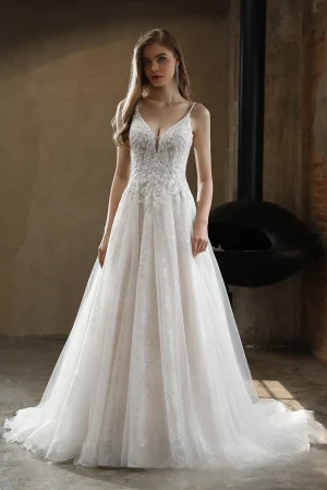 Beaded A-Line Spaghetti Straps Wedding Dress