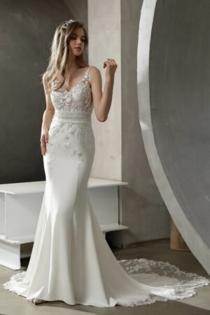 V Neck Crepe Lace Fit and Flare Court Train Wedding Dress