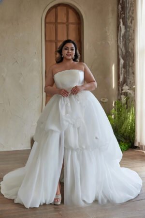 Pearl - Trimmed Strapless Ball - Gown Wedding Dress with Floral Accents