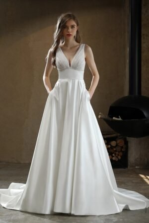 Timeless Satin V-neck Chapel Train Wedding Dress