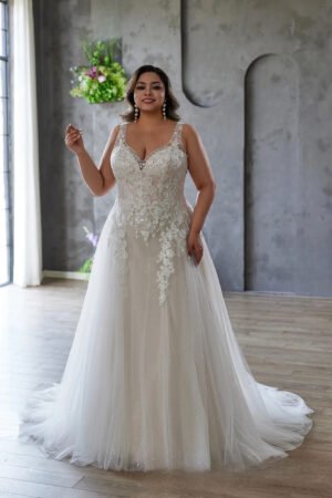 Elegant and Ethereal Plus-Size Wedding Dress with Lace and Sequins