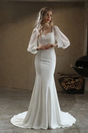 Classic Fit and Flare Puff Chiffon Sleeves Wedding Dress