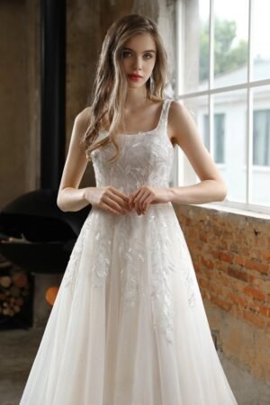 Square Neckline Delicate Leafy Lace Wedding Dress