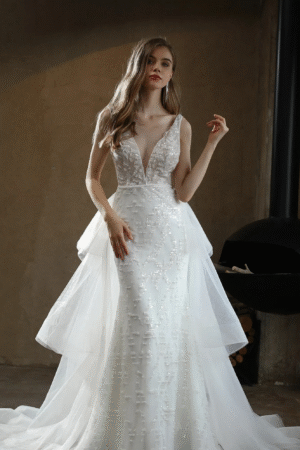 Allover Beaded Sheath Sequins  V Neck Wedding Dress With Overskirt
