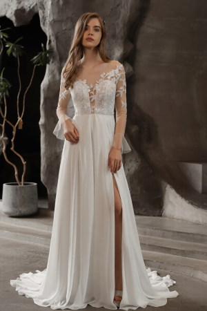 Chiffon Illusion Lace Dreamy A-line Slit Sweep Train Wedding Dress