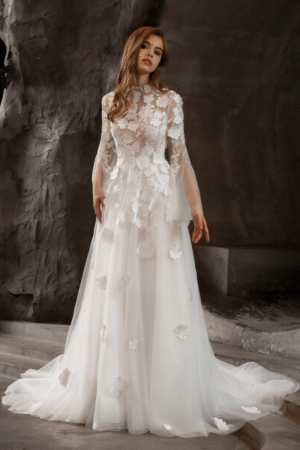 High Neck 3D Flowers Flare Sleeves Tulle Key Hole Court Train Wedding Dress