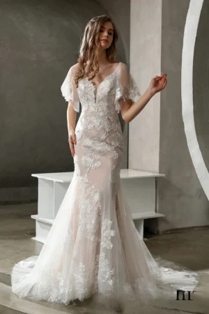 Floral Lace Plunging V-neck Flutter Sleeves Wedding Dress