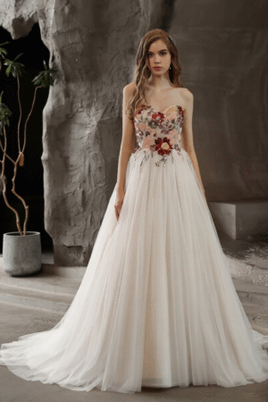 Sweetheart Floral Sleeveless Princess Sequin Chapel Train Wedding Dress